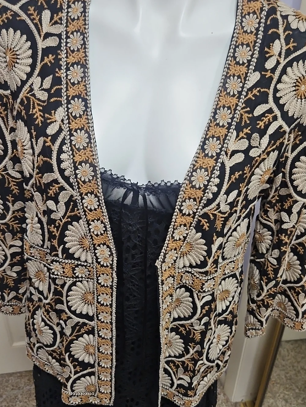 Sigrid Olsen Black Top with Yellow-Green Label Detail